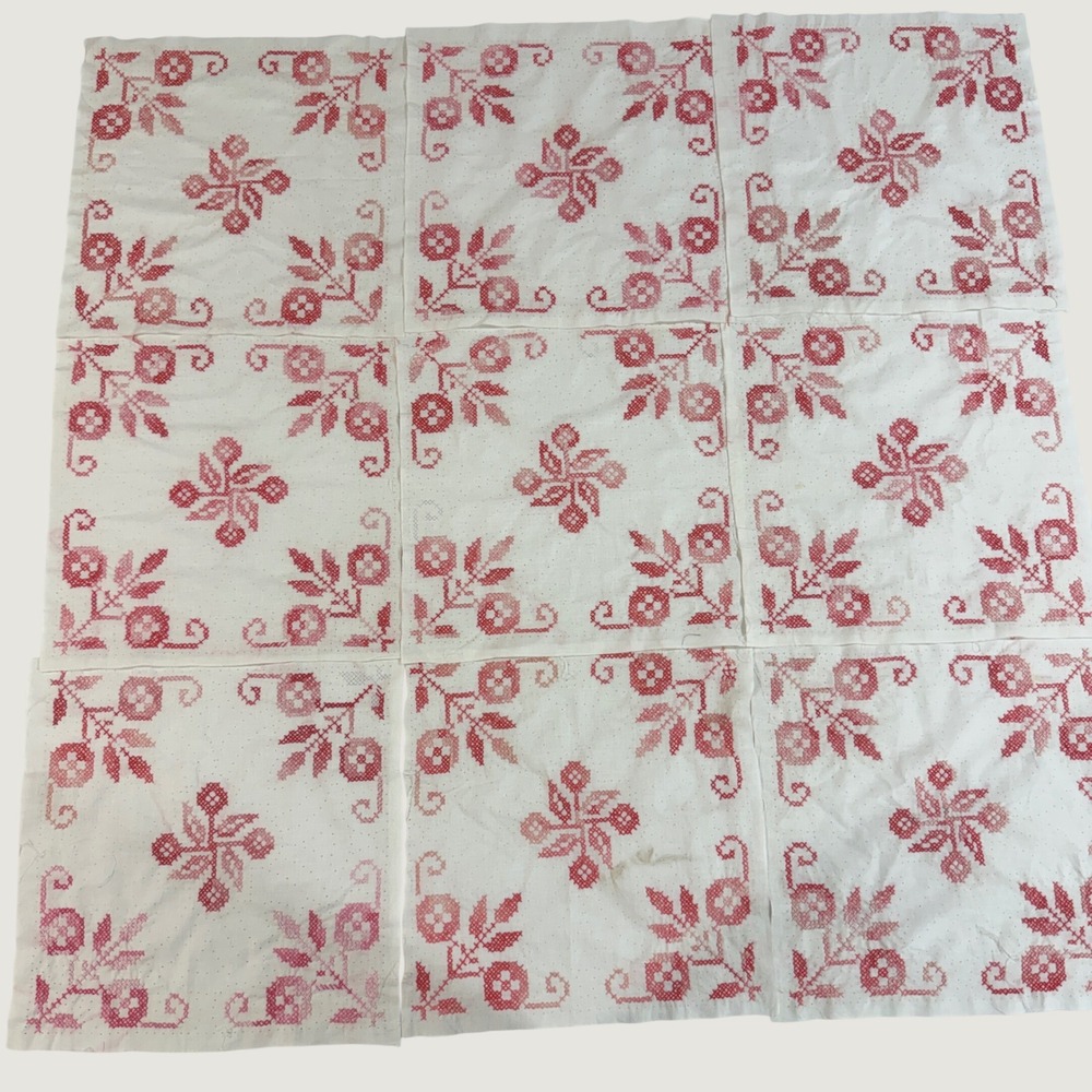 9 Vintage Hand Embroidered Cross Stitch Quilt Blocks 13in Red Pink Floral